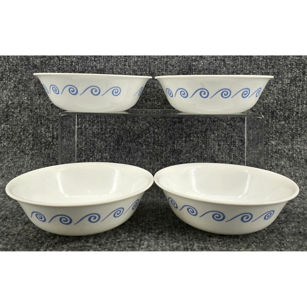 Set of 4 Vtg Oceanview Corelle Cereal Bowls Unisex 6.25" White Blue Swirl Y2K
